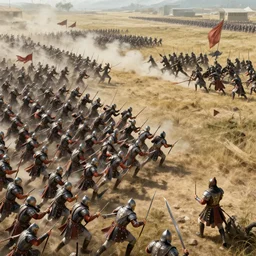 epic cinematic artwork overview above an army charging to the enemy with the commander at the front with his sword raised, sun rays on him by greg rutowski