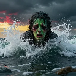 the pain is splattered on the sad monster's green face while huge waves crash against him, water sprays into the air, moody dark sky, hints of red and yellow, fantasy, unreal engine