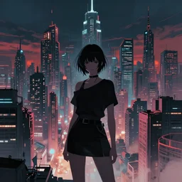 a woman standing in front of a city skyline, cyberpunk art by kaii higashiyama and ilya kushinov, featured on pixiv, neo - romanticism, dystopian art, apocalypse art, anime aesthetic
