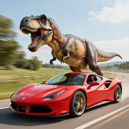 a t - rex driving a ferrari