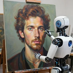 robot artist painting a self - portrait on a canvas. intricate, highly detailed, digital matte painting, in the style of alexandros pyromallis, and in the style of sachin teng, and in the style of hans thoma, and in the style of mike ploog. irony, recursion, inspiration.