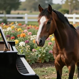 a photo of a horse playing piano in a flower garden, with white fence, realistic, noon time, high depth field, trending