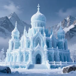 majestic ice palace in the mountains | photorealistic | hyper detailed | volumetric lighting | thomas kinkade