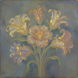 subtle, a e s t h e t i c illuminated codex gilded by donna huanca. assemblage. this illustration is a large canvas, covered in a wash of color. in the center is a cluster of flowers, their petals curling & twisting in on themselves. the effect is ethereal & dreamlike, & the overall effect is one of serenity & peace.
