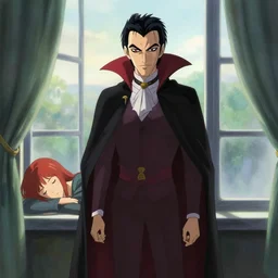 portrait of dracula standing outside a window while a woman with red hair sleeps highly detailed, digital painting, concept art, sharp focus, by makoto shinkai