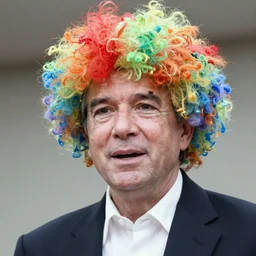 George HW Bush wearing a puffy rainbow wig, speaking, 1990 photo