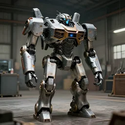 movie still of a single robotic mech machine in a warehouse