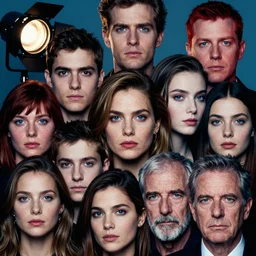 an amalgamation of many faces, photograph, blue and red professional studio lights, gaze, editorial model, photo, annie leibovitz, steve mccurry, david lazar, 3 5 mm, f 2. 8, 8 k, detailed