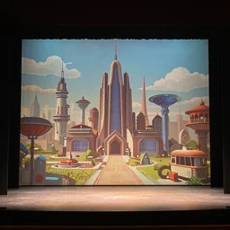 a stage backdrop designed by wes andersen for play based set in a solar punk city