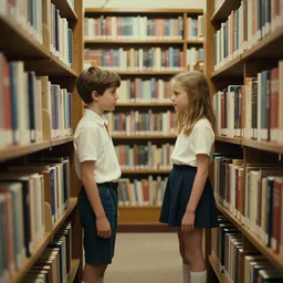A young boy and girl meet between two bookshelves in a library. Coming of age movie. Love at first sight. Wes Anderson.
