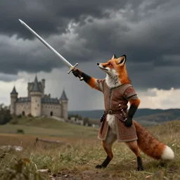 anthropomorphic fox!! who is a medieval knight holding a sword towards a stormy thundercloud [ 1 9 3 0 s film still ], castle in the background