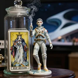cinestill 5 0 d, 8 k ; esoteric ultra realistic major arcana in the expanse ( 2 0 2 0 ) film still space dj live scene in frontiers in commercial porcelain photo fashion film still june closeup 3 / 4 portrait edition, hyperrealistic real - life smoking cyborg pilot tarot card porcelain occult figurine in seinen manga victorian glass jar, pointe pose, third eye contact, tilt shift wide shot zaha hadid background