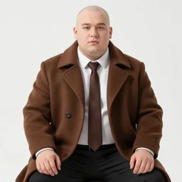 White chubby clean-shaven man wearing a chocolate brown overcoat and necktie is sitting near the trunk of a giant evergreen tree; calm, afternoon, clear sky, windy