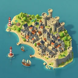 isometric voxel bay with a medieval city. A port with sailboats. A lighthouse in the water, stone towers of a castle block of art. hd, detailed, 4k, concept art.