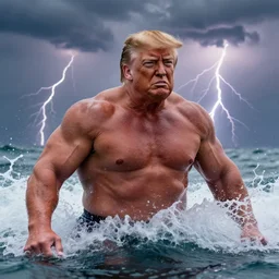 epic hyperrealistic photo of mega bodybuilder donald trump emerging from the ocean, giant size, angry, big splash, droplets, dark lightning clouds, overcast, thunder, lightning strike, closeup, telephoto zoom, sharp focus, cinematic, dslr