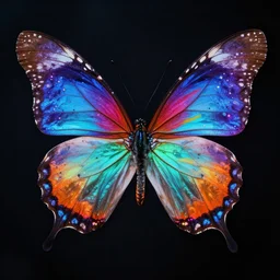 hyper - realistic portrait of colorful glowing butterfly in dark background, photorealism, very sharp focus, portrait photography, volumetric lighting, insanely detailed, artstation, 4 k, 8 k