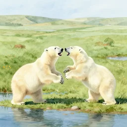 an idyllic pastoral watercolor of polar bears fighting