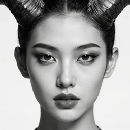 highly detailed black and white photography of one face with pointed horns, beautiful, dark, masterpiece, art by durero, goya, rubens, riccardo federici, roberto ferri, james jean, illustration, draw, spatula, splash