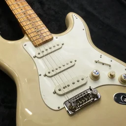 ashtray bridge, strat saddles, tele pickups with a 5 - way switch jewels on the tone and volume knob. nacho cheese poplar wood bolt on neck. surf rock