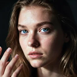Kodak Portra 400, 8K, highly detailed, britt marling style 3/4 extreme closeup portrait of a extremely beautiful girl with blue eyes and light brown hair, clear eyes, four fingers maximum, high light on the left, non-illuminated backdrop, illuminated by a dramatic light, Low key lighting, light dark, High constrast, dramatic , nina masic ,Flora Borsi, dark background, high quality, photo-realistic, 8K