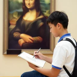 a young student sitting with a sketch book in front of the mona lisa painting in the louvre illustrated by zdzisław beksinski, 8 k, photorealistic imagery, trending on artstation, artstationhq, artstationhd