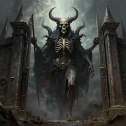 Death lurks at the gates of hell, epic scene, painting by Raymond Swanland masterpiece. rendered in blender, ultra realistic, smooth shading, ultra detailed, high resolution, cinematic