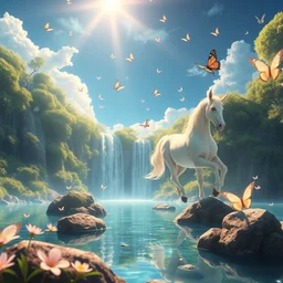 a wholesome animation key shot of the land of fairy tales, water falls, crystal lake, butterflies, unicorn by studio ghibli, animation, sharp, rendered in unreal engine 5, focused, anime key art by greg hildebrant, bloom, dramatic lighting