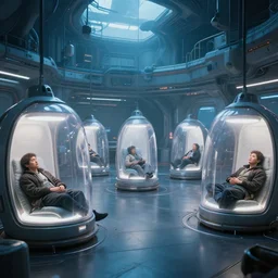 large hall, people sleep in transparent cryochambers in a spaceship, cyberpunk, sky - fi,