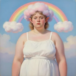 a chubby white woman with pointed ears, wearing a white sundress, rainbow pastel clouds for hair, realistic painting by ross tran and gerald brom and alphonse mucha, artgerm, trending on artstation