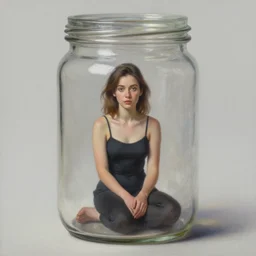 a tiny realistic proportioned woman sitting down inside a jar. beautiful detailed painting by artgerm and magali villanueve and michael whelan. clean, detailed face