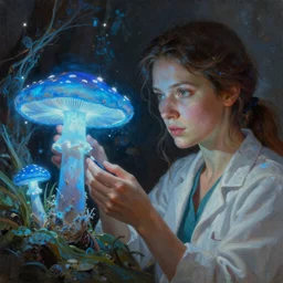 A mixed media portrait painting of a beautiful scientist woman examining a giant blue glowing mushroom in a mire, mycologist, detailed Aesthetic! face and eyes, slavic, by Beeple, Frank Frazetta, Greg Rutkowski, Christian MacNevin, epic fantasy character art, high fantasy, CGsociety, exquisite detail, post-processing, masterpiece, cinematic
