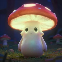 glowing mushroom character with big oval shaped eyes. sharp focus. highly detailed. night. pixar.