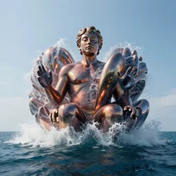 a massive sculpture of the birth of the universe on the ocean water, in the style of jeff koons, cinematic, hyper - realistic, very detailed, realistic water splashes, ray tracing, 8 k resolution, long - shot, sharp focus, low angle, 8 5 mm photograph, wide lens