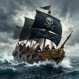 concept art, a ship tossed on a stormy ocean, flying a pirate flag, as the pirates aboard struggle to keep sailing. realistic shaded lighting poster by ilya kuvshinov, magali villeneuve, artgerm, jeremy lipkin and michael garmash and rob rey