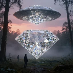 giant swarovsky diamond in foggy woods, glowing ufo in the sky, sundown, rain, moody, by simon stalenhag, greg rutkowsky, artgerm