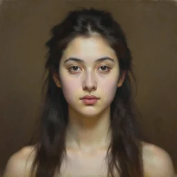 a portrait of beautiful woman, full medium shot, front close - up, head on, abreast, artistically realistic, godess like vishnu. fine art by peter mohrbacher & marc simonetti