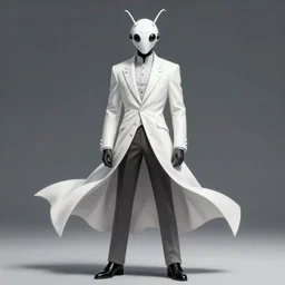 full body portrait of a male character in sleek clothes, in a futuristic flowing white tailcoat, wearing a white insectoid mask with five round lenses for eyes, many eyes, dramatic lighting, illustration by Greg rutkowski, yoji shinkawa, 4k, digital art, concept art, trending on artstation
