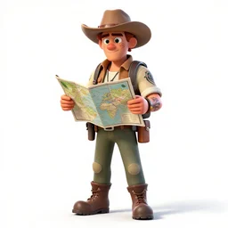 tattooed explorer with map, stylized pixar-style 3d render, full body, standing, isolated on a pure white background, centered, whole figure in frame, sharp focus, studio lighting