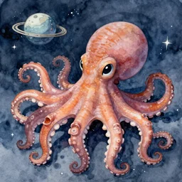friendly octopus in space. watercolor. detailed. deep. masterpiece.