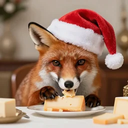 fox wearing a christmas hat eating cheese at a fancy table