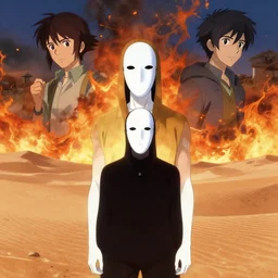 white masked man in front of burning desert, by ilya kuvshinov, greg rutkowski and makoto shinkai, trending on artstation