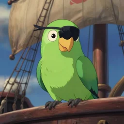 a wholesome animation key shot of a green parrot wearing an eye patch, on top of a pirate ship, close shot, studio ghibli, pixar and disney animation, sharp, rendered in unreal engine 5, anime key art by greg rutkowski, bloom, dramatic lighting