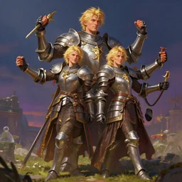 four armed blond knight, four arms, fantasy, digital painting, dramatic lighting, vibrant setting, realistic shading, unreal engine 5, concept art, ultra detailed, trending artstation