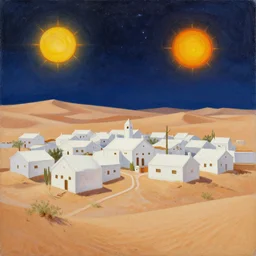 a beautiful painting of a village in the desert, white houses, two suns, star wars style