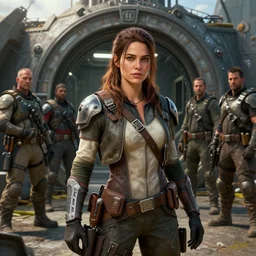 fallout 5, charismatic beautiful rugged brunette female protagonist, portrait, outdoorsin front of vault 1 5 6, atmospheric lighting, painted, intricate, volumetric lighting, beautiful, daytime, sunny weather, slight overcast, sharp focus, deep colours, ultra detailed, by leesha hannigan, ross tran, thierry doizon, kai carpenter, ignacio fernandez rios