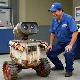 johnny 5, from the movie'short circiut ', happy and laughing when he realizes he loves his new job being a garbageman. professional footage, 4 k