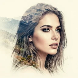 a beautiful woman face creative double exposure effect beautiful mountain scenery, medium sized tattoo sketch, amazing detail, trending on pinterest, in the style of brandon kidwell