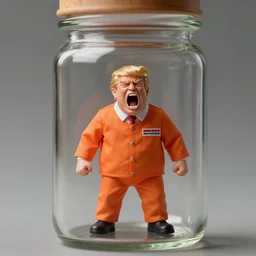 a tiny realistic trump in an orange prison suit screaming angry inside a glass jar. sharp focus, photography, unreal engine, trending on artstation, photorealistic, octane, trending on deviantart, unreal engine