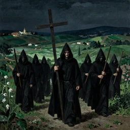 A Holy Week procession of grim reapers in a lush Spanish landscape at night. A hooded figure at the front holds a cross. Carl Gustav Carus, Edward Hopper.