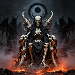 death metal god sitting on a throne of bones, black hole halo, demon ghosts around, lava mist, surreal, haunted, in the photographic style of margaret bourke white